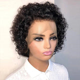 Bob Style Curly Pixie Cut Human Hair Lace Wig  Naturlal Black #1B